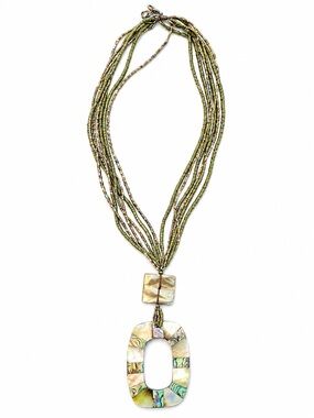 Chico's Multistrand Green Beaded Necklace with Abalone Pendant